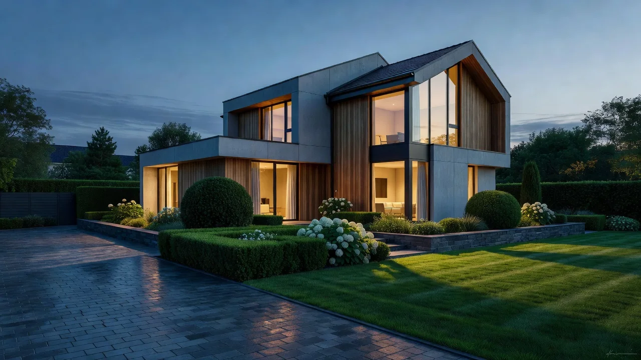 Modern müstakil ev ve bakımlı bahçe